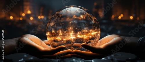 Hands cradling a glowing crystal ball with fiery reflections, mystical energy, fortune-telling, magic concept.