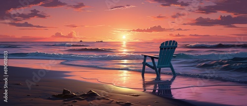 Beachside solitude with a single chair facing a stunning sunset, peaceful reflection, oceanside serenity.