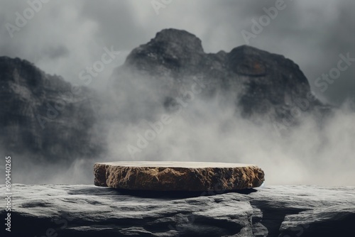 Rock Top for a Product Display, Showing Middle Close Focus to the Stone Surface on an Artistic Cloudy Foreground and Background with a Bokeh Balls Sky.generative ai.