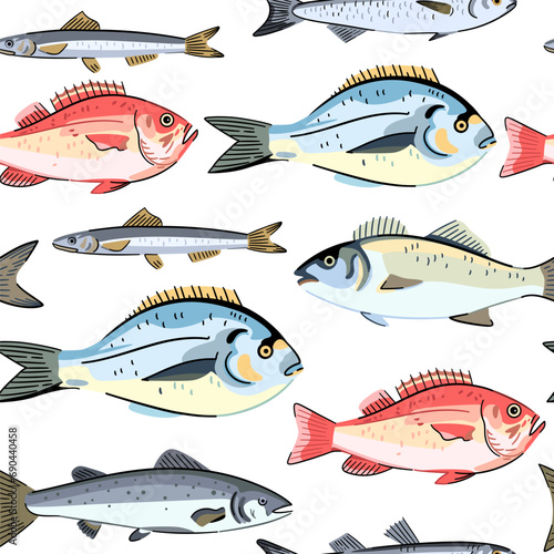 Seamless pattern with commercial seafood fishes, ocean perk, sea bass and dorado. Seafood fish. Vector illustration.