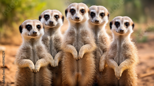 A playful group of curious meerkats standing up to look at the viewer. Meerkats live in Southern Africa's plains and grasslands.