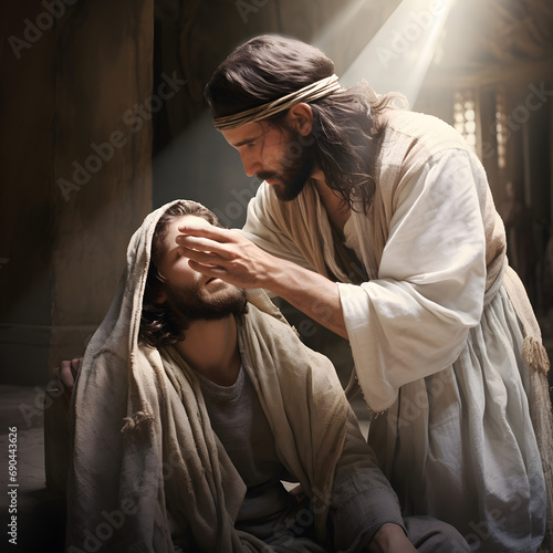 Jesus Christ healing a blind man. A Biblical miracle. 