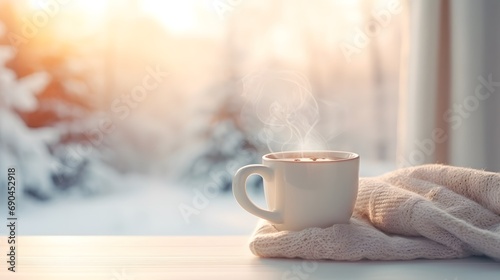 Cozy warm winter composition with cup of hot coffee or chocolate, cozy blanket and snowy landscape on sunny winter day. Winter home decor. Christmas. New Years Eve. 