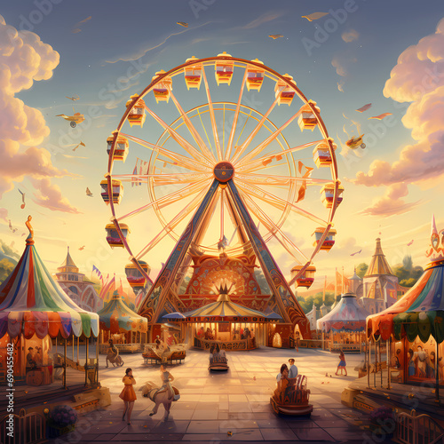 A lively carnival with a Ferris wheel and carousel