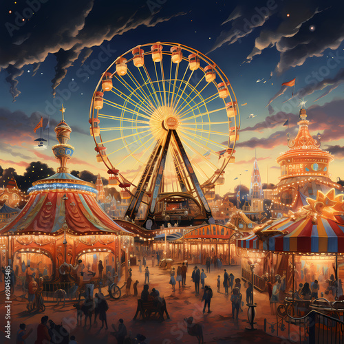 A lively carnival with a Ferris wheel and carousel
