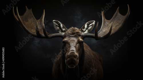 Portrait of a moose from the front on a black background
