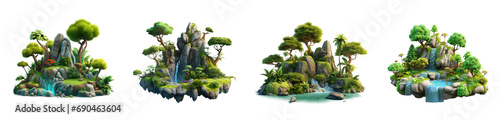 Set of 3d cartoon clipart island forest, isolated on white and transparent background