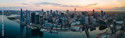 Panoramic aerial drone view of Barangaroo waterfront precinct in Sydney City, NSW Australia during a morning sunrise in December 2023 