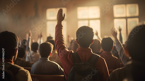 Students raise their hands to answer the teacher's questions in the classroom, many students raise their hands, back view image.