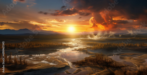 sunset in the mountains, sunset over the river, climate change view of yellowstone national park