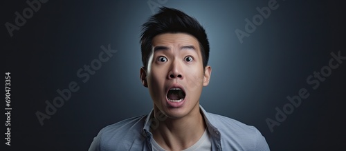 Late awakening caused Asian man to miss appointment, expressing shock on his face.