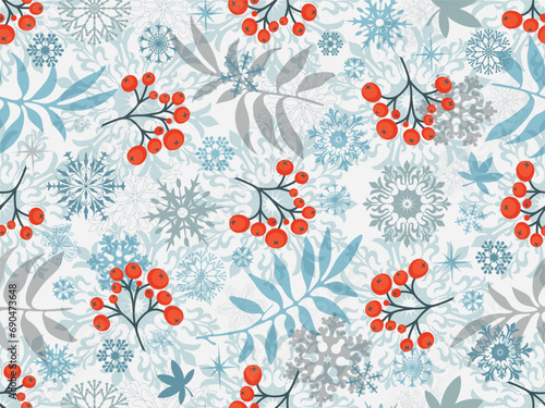 Vector Christmas seamless pattern with snowflakes, leaves, berries, stars on white