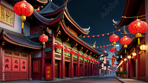 Traditional lanterns in china town. Night time. Happy Chinese New Year 2024 festival.