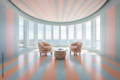 A living room with striped walls and a large window that says the sea