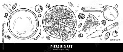 Pizza set, mozzarella, pepperoni slice, pizza spatula, roller blade, pizza board and ingredients. Hand drawing sketch.