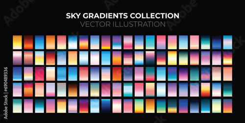 Sky, Sunset, sunrise gradient bundle. Sky backgrounds for nature landscapes. Vector poster or minimal card templates set. Great for web design or as phone wallpapers. 