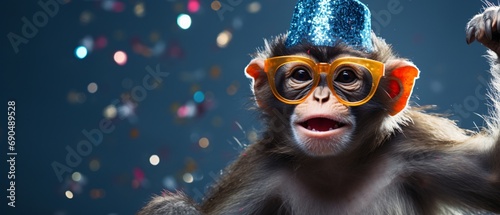 Happy Birthday, carnival, New Year's eve, sylvester or other festive celebration, funny animals card - Chimpanzee monkey with party hat and sunglasses on blue background with confetti