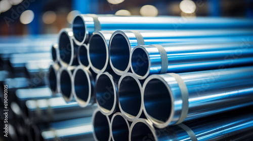 Stack of stainless steel pipes background , metallurgical industry backdrop concept image
