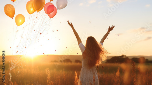 Back silhouette view of an happy young woman releasing balloons in the sky at sunset in summer background with copy space