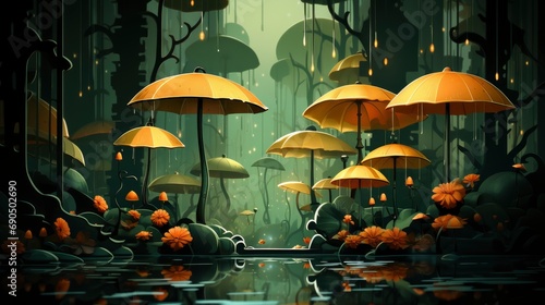 Summer Downpour Over Green Forest, Flat Design Style, Pop Art , Wallpaper Pictures, Background Hd