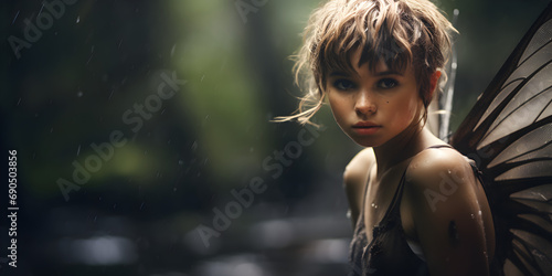 portrait of young pixie in the forest, wide background with copy space for text
