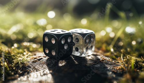 Specialty dice made out of meteorite material. Blurred green grass in background, one translucent, one opaque black.