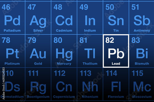 Lead on periodic table of the elements. Chemical element with symbol Pb for Latin plumbum, and atomic number 82. Soft, malleable heavy metal with low melting point. Nervous system damaging neurotoxin.