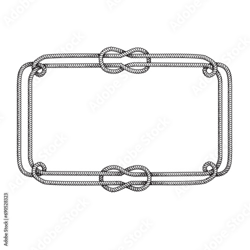 Hand drawn rectangular rope frame with free style node. Sketch nautical design element. Best for marine and western designs. Vector illustration isolated on white.