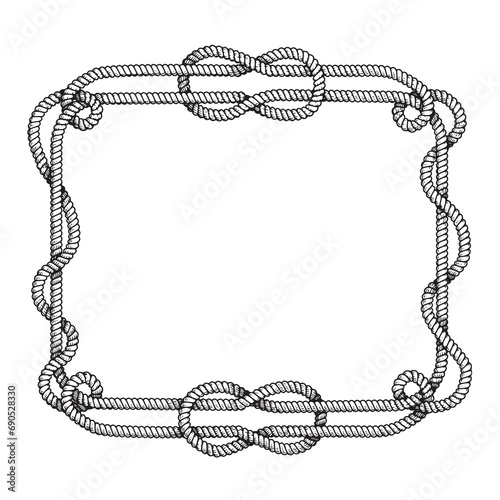 Hand drawn rectangular rope frame with free style node. Sketch nautical design element. Best for marine and western designs. Vector illustration isolated on white.