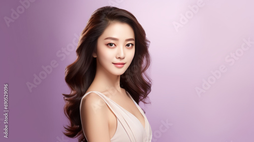 Young asian girl with perfect skin on purple background. Female Skin care editorial. Asian beauty portrait. 