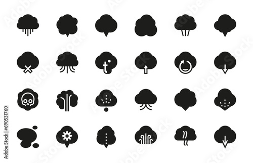Black vapour icons. Outline toxic smoke and steam trail pictograms, steam and fog sign, bad breath, smog odour warning sign. Vector isolated set of steam toxic isolated illustration