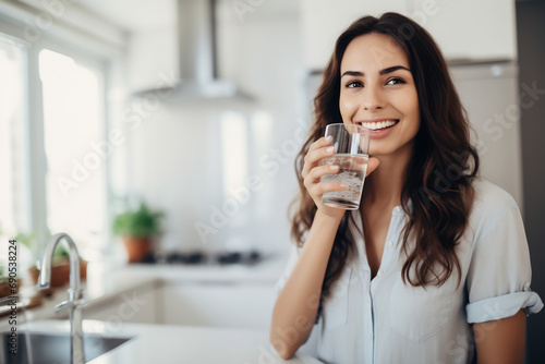 Healthy beautiful young woman holds a glass of water in kitchen, smiling young girl drinking fresh water from glass