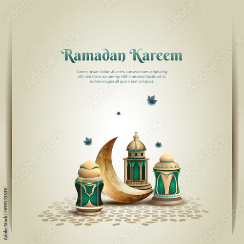 islamic greetings card design ramadan kareem with beautiful lanterns and crescent