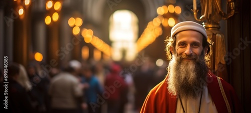 an Islamic imam in mosque with bokeh light full of people praying to Allah, Generative Ai