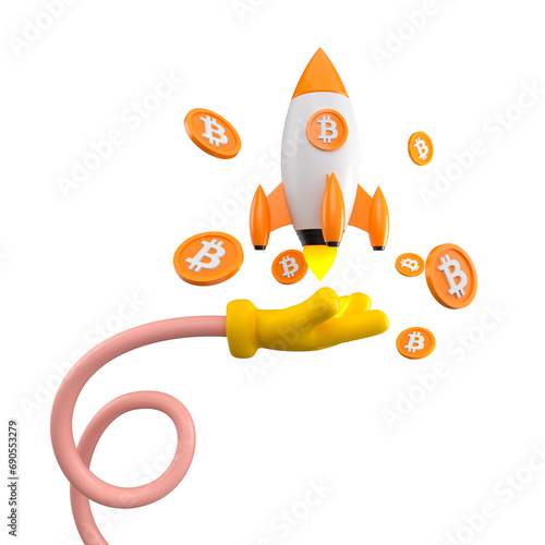 Bitcoin rocket launching in cartoon hand isolated. Spaceship of growth cryptocurrency rate concept. 3d rendering.
