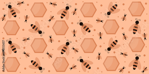 Peach fuzz Trendy Honeycomb seamless background with cartoon bee. Sweet honey Pastel ornament. Vector illustration can used wallpaper, textile, fabric print and web banner.