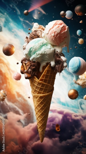ice cream cone in space, ice cream balls with different flavors, unusual creative photo, space background