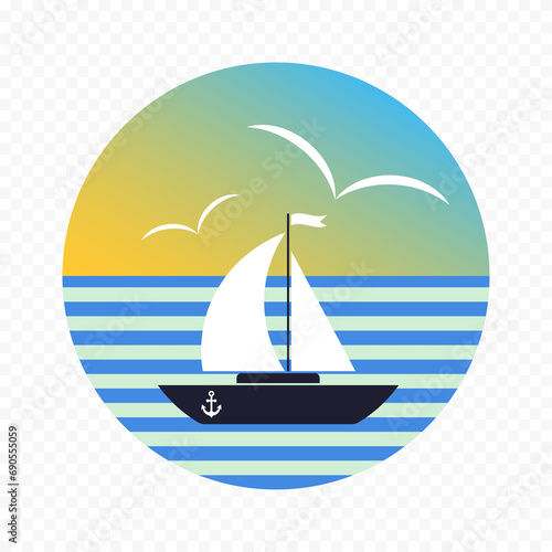 Elements of sea adventures. Ship, anchor, waves, ship's wheel, seascape. Vector illustration.