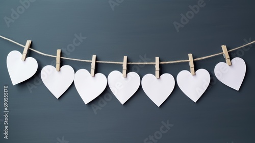 garland of white paper hearts on clothespins, on a blue background. concept of valentine's day, february 14, lovers, hearts, relationships
