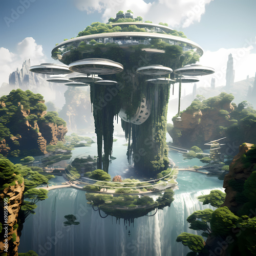 A futuristic floating island with waterfalls.