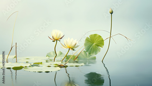 a pond with green reeds and water lilies