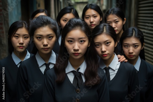 asian schoolgirls in uniforms standing up together