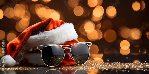  black glasses and santa claus festive christmas hat on Blurred Shiny Lights on deft of filed bokeh background