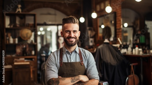 Portrait of a skilled barber smiling, with a barber chair and grooming tools in the background