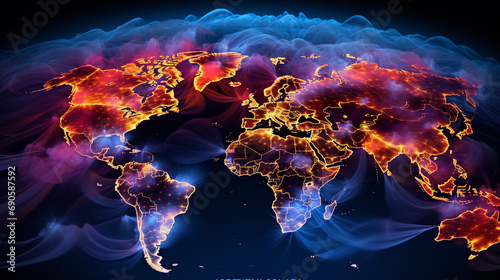 ozone layer. Colorful worldmap - Globe Map Silhouette in Flame Flare. Stop Fires Concept. Ai