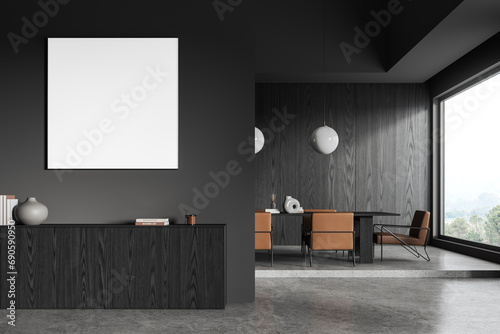 Black home living room interior with dresser and panoramic window, mockup frame