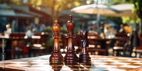game of chess in progress, set against the backdrop of a sunlit, open-air cafe
