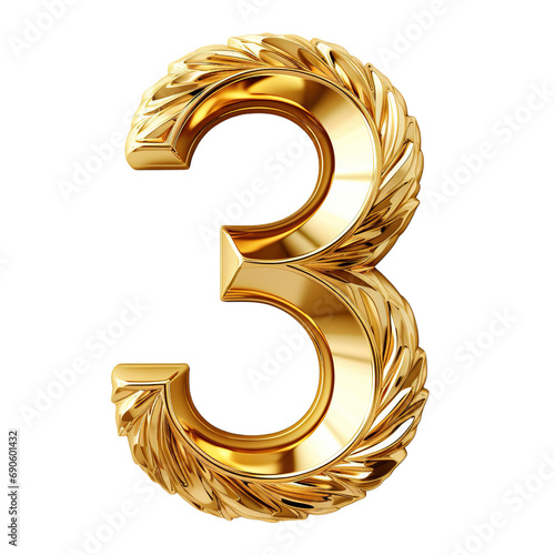 Golden number 3 isolated on white background