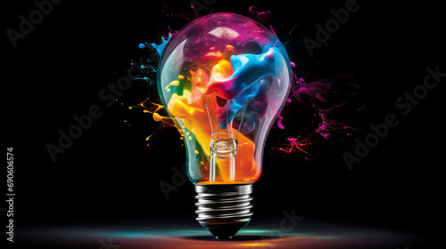 Creative light bulb explodes with colorful paint and splashes on a black background. Think differently creative idea concept --ar 16:9 --v 5.2 Job ID: 347d1303-e250-404c-b22b-b5fb301c73ec