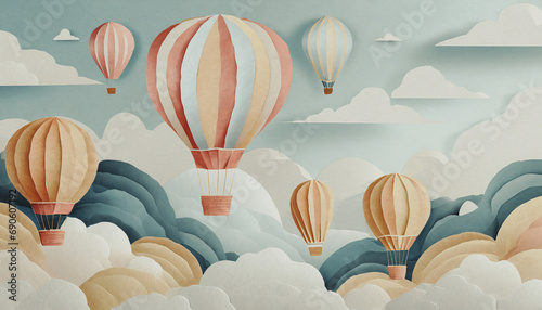 sfondo con colorate mongolfiere in cartapesta che si librano supra un cielo denso di nubi dai colori pastello - Illustrazione Generative AI